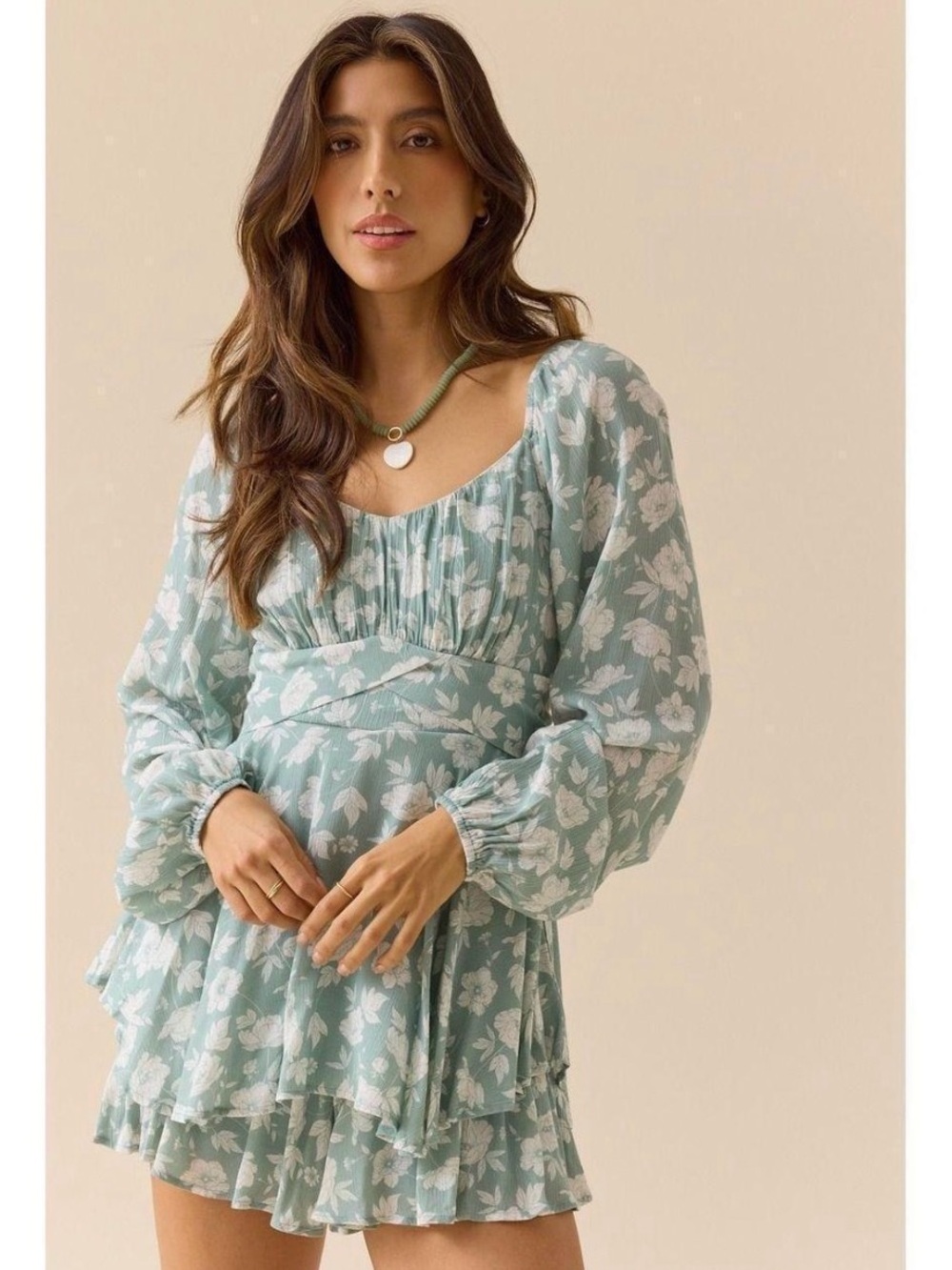 Altar’d State Floral Sage Tiered Long-Sleeve Romper